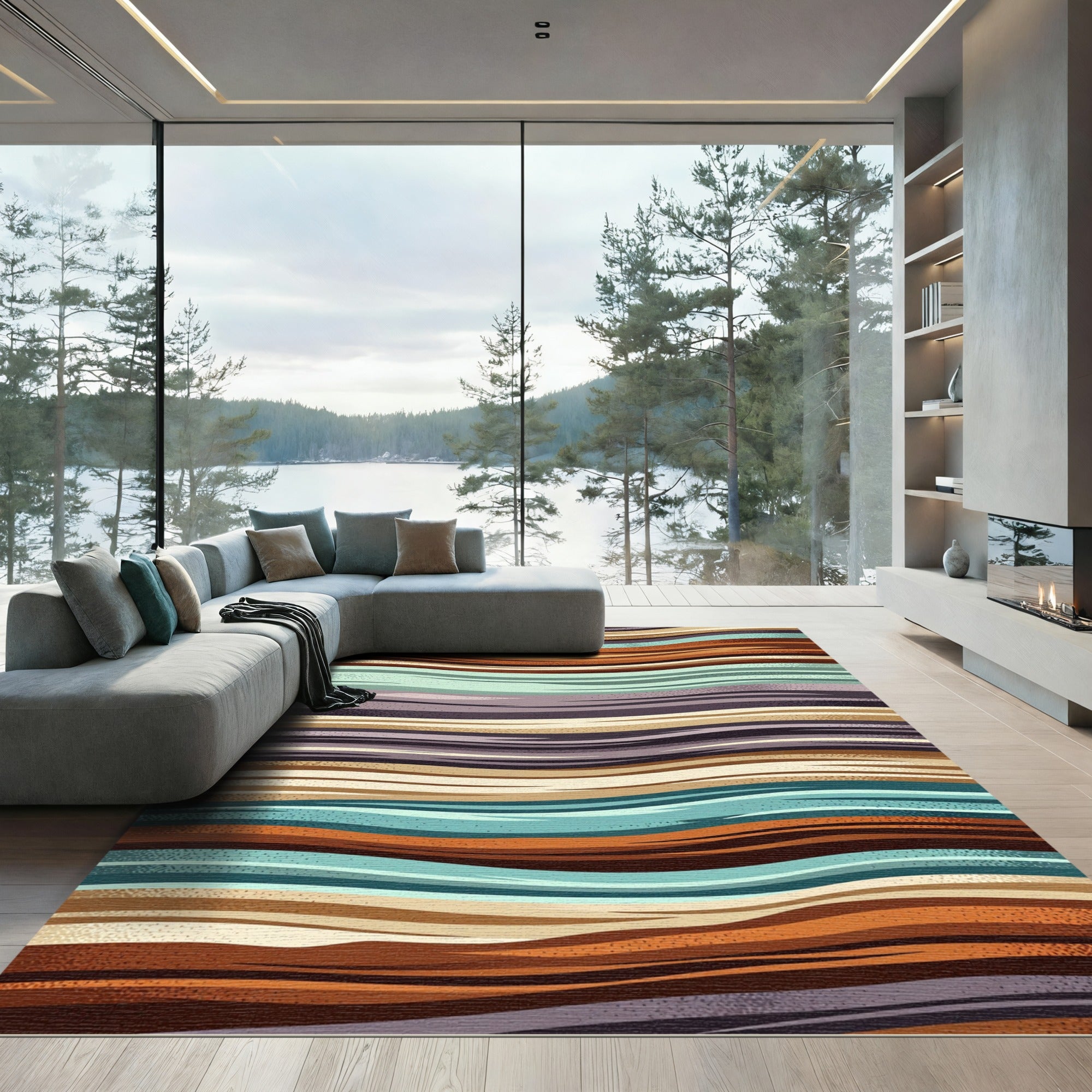 Wavy Earth Tone Multicolored Abstract Striped Rug