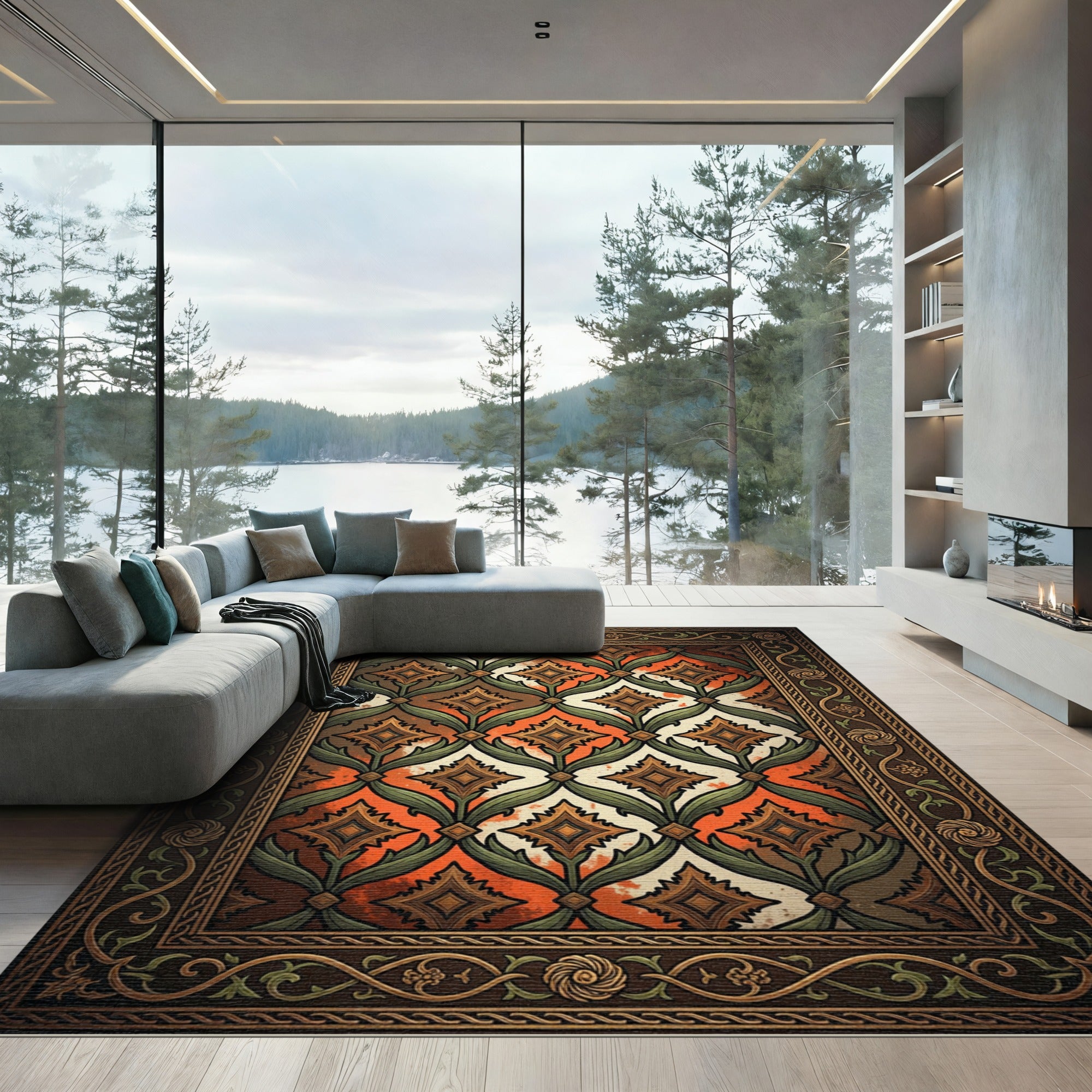 Art Nouveau Copper Diamond Botanical Frame Rug