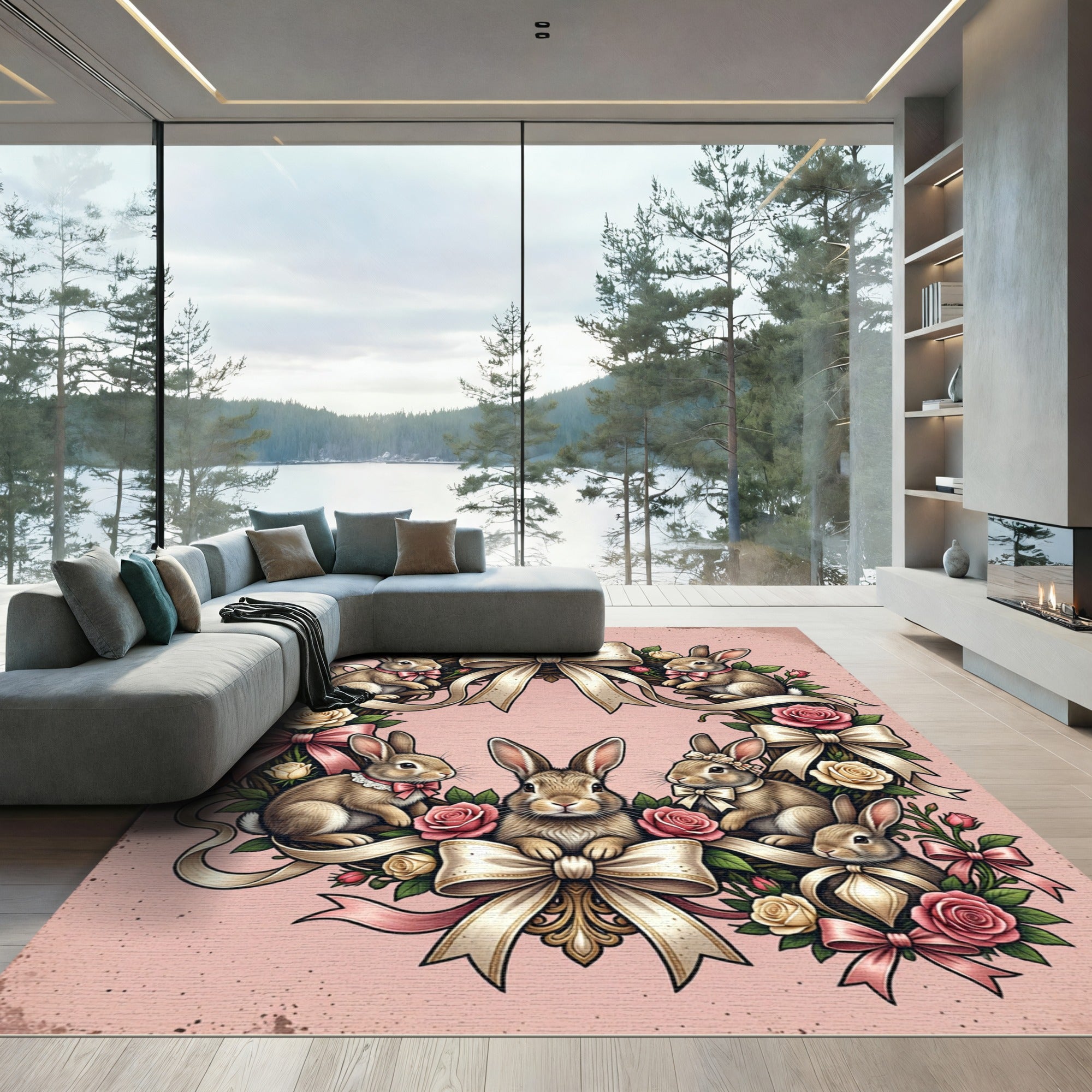 Elegant Pastel Pink Bunny Floral Wreath Rug