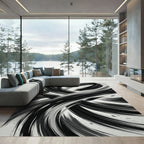 Monochrome Abstract Black and White Swirl Rug