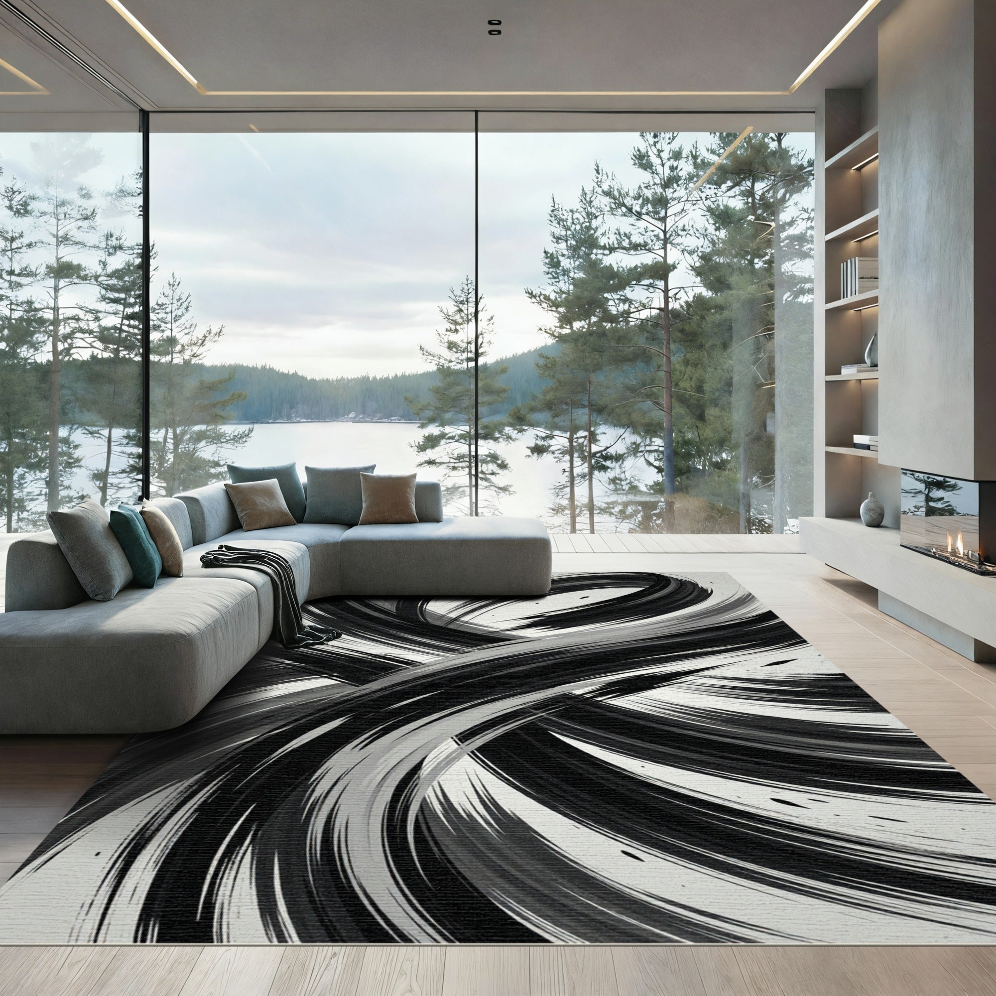Monochrome Abstract Black and White Swirl Rug
