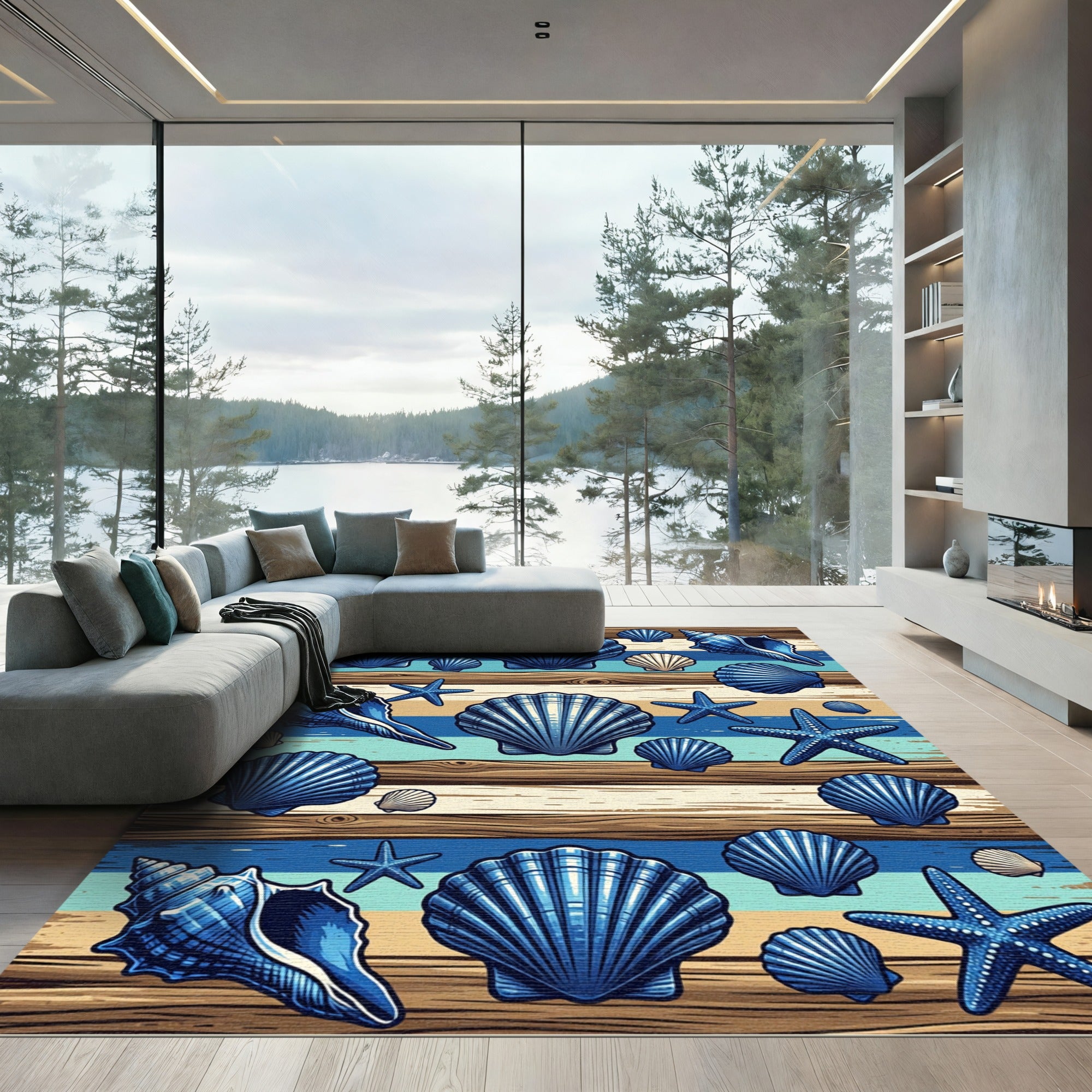 Coastal Blue Shell and Starfish Planks Rug