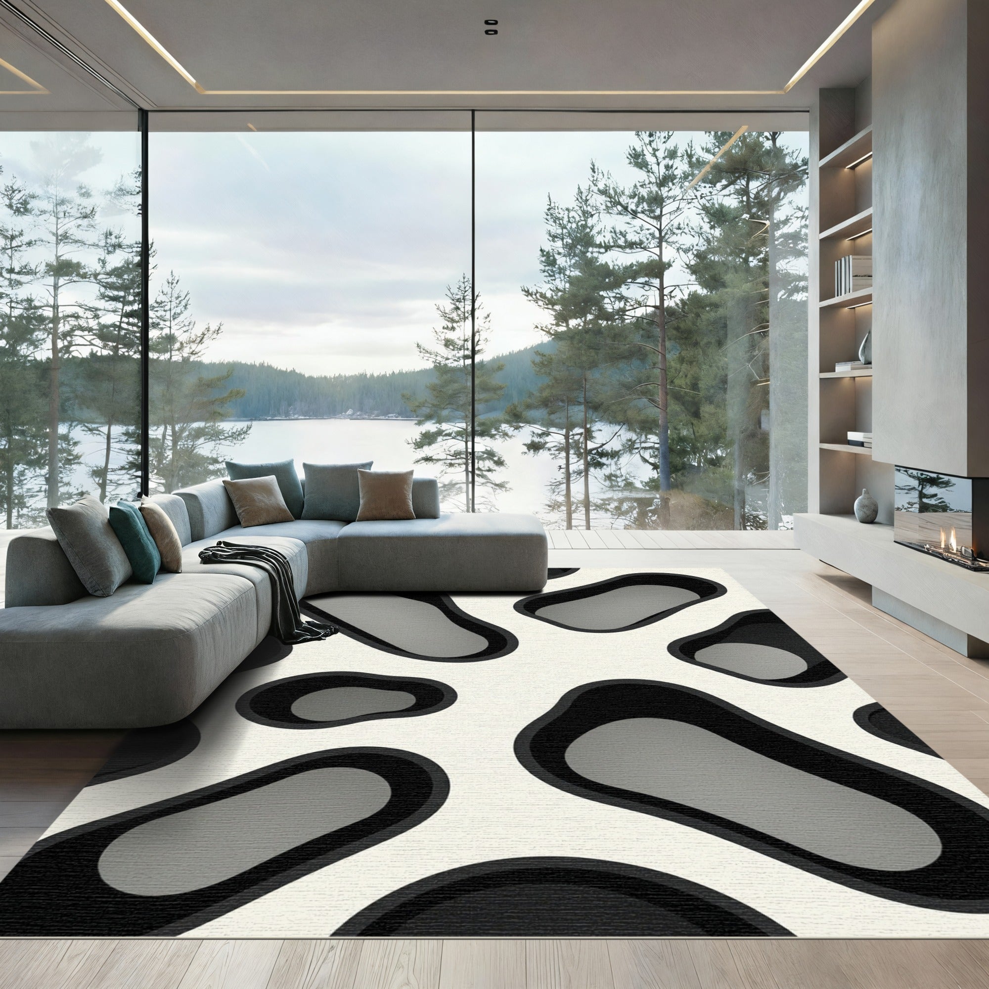 Black and White Abstract Organic Shape Rug