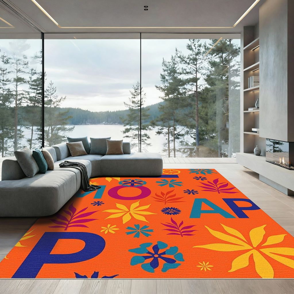 Orange Floral Medallions Blue Letters Rug