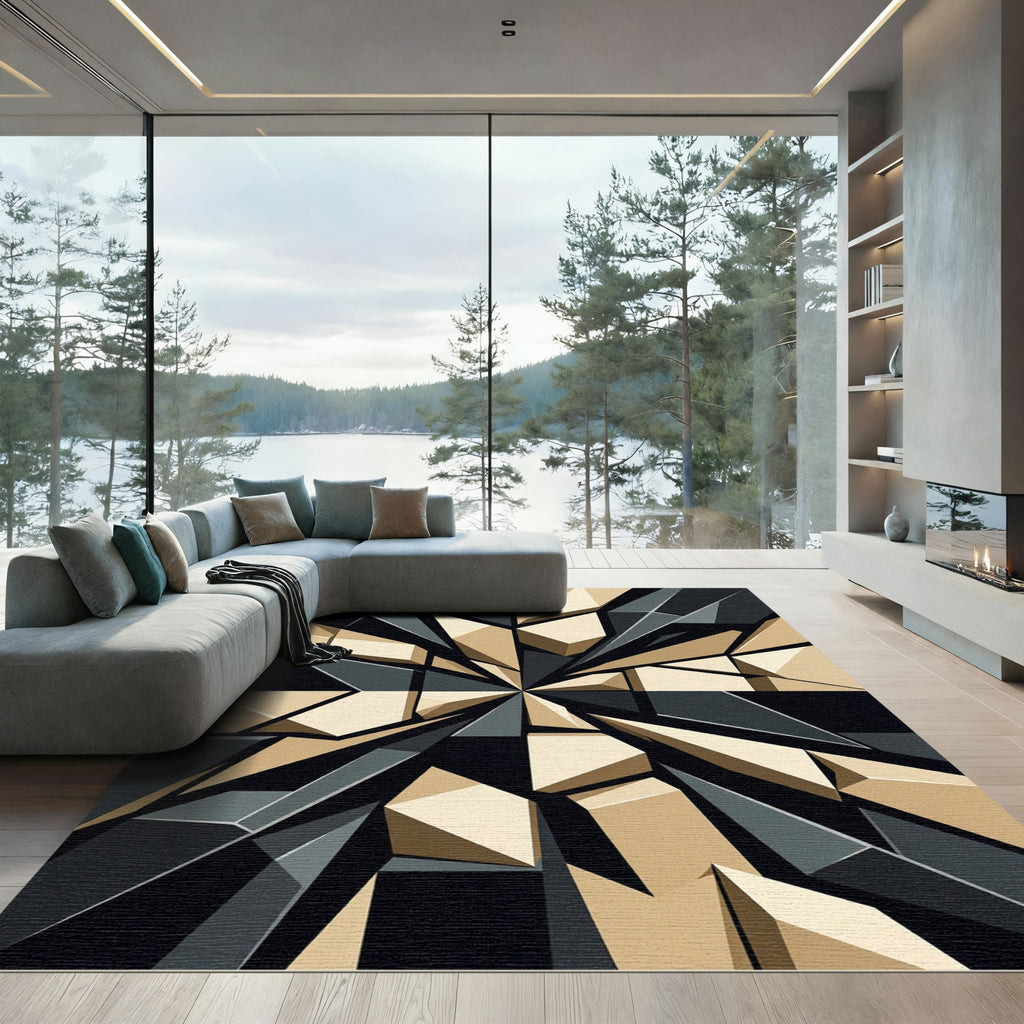 Geometric Abstraction Black Gold Fragmented Art Rug