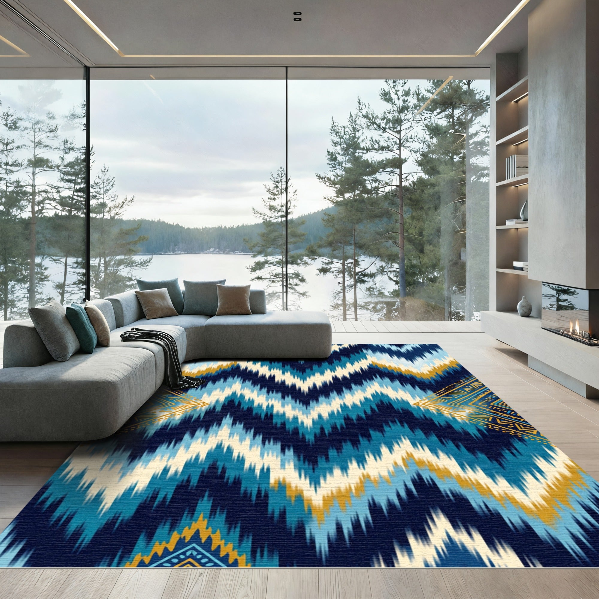 Deep Blue Golden Zigzag Tribal Rug