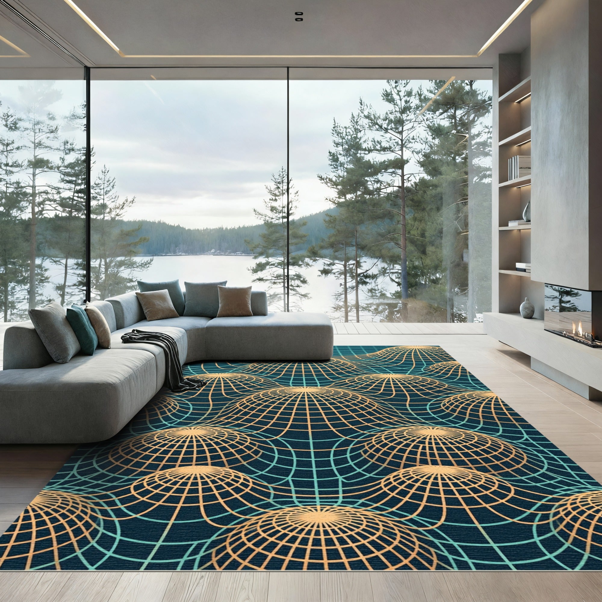 Teal Grid Topological Sphere Art Rug