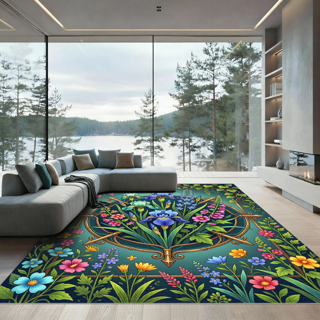 Floral Iris Botanical Teal Gold Frame Rug