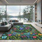 Floral Iris Botanical Teal Gold Frame Rug