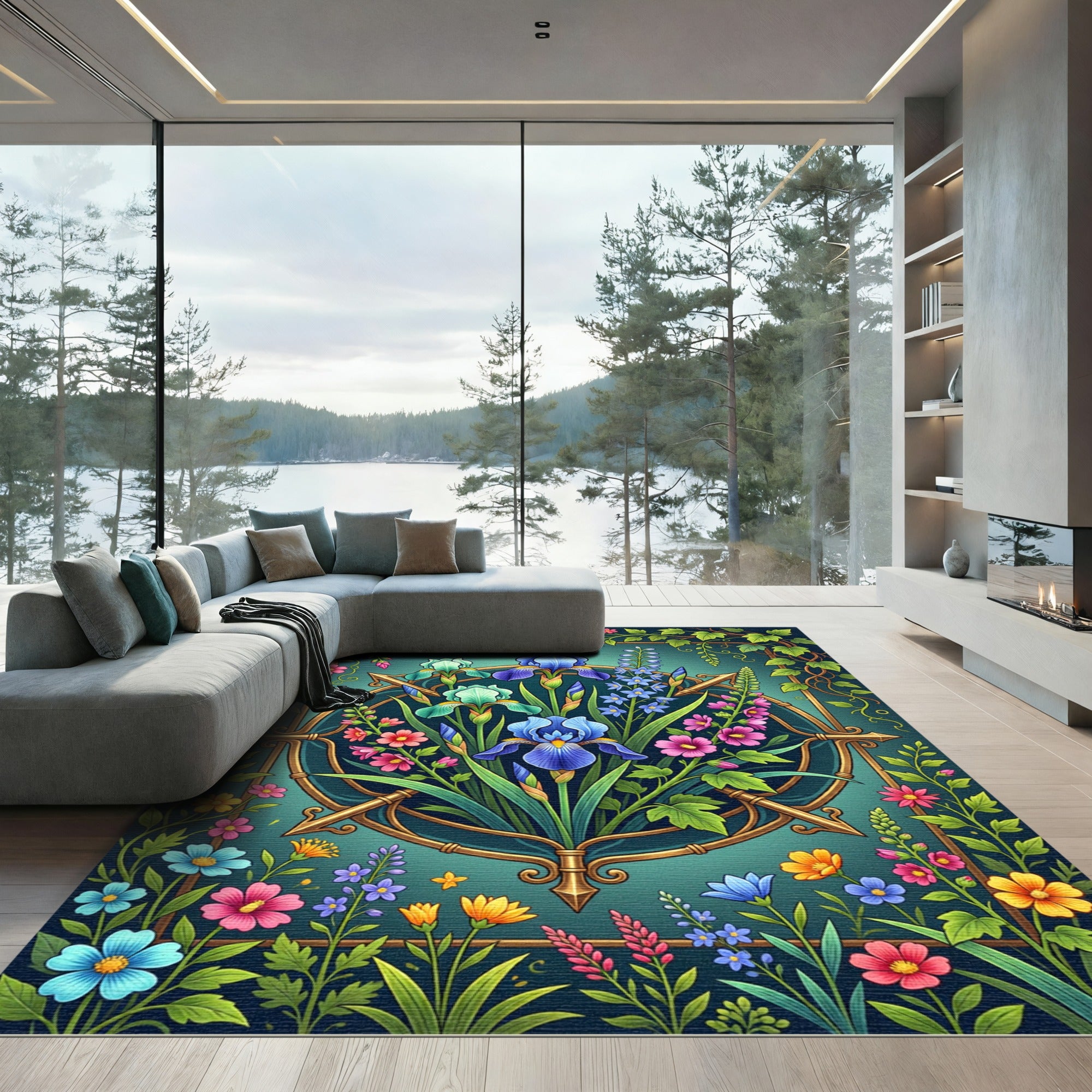 Floral Iris Botanical Teal Gold Frame Rug