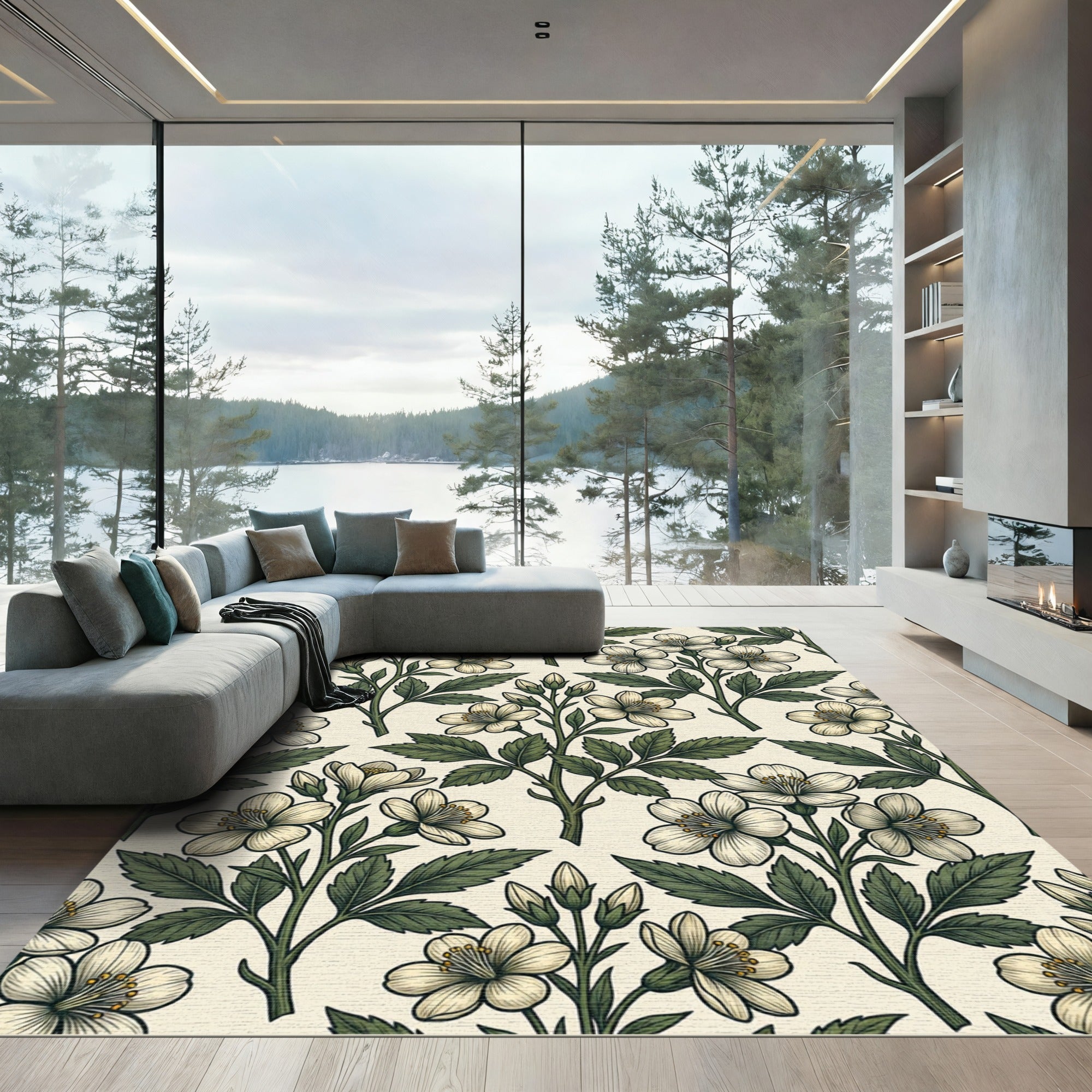 Vintage Cream Botanical White Blossom Floral Rug