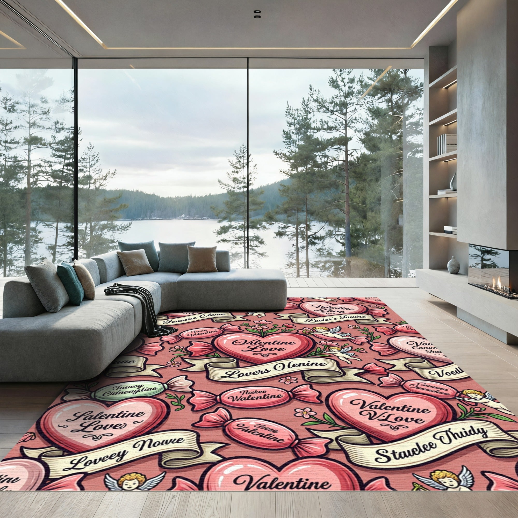 Valentine Hearts Candy Cupid Ribbon Theme Rug