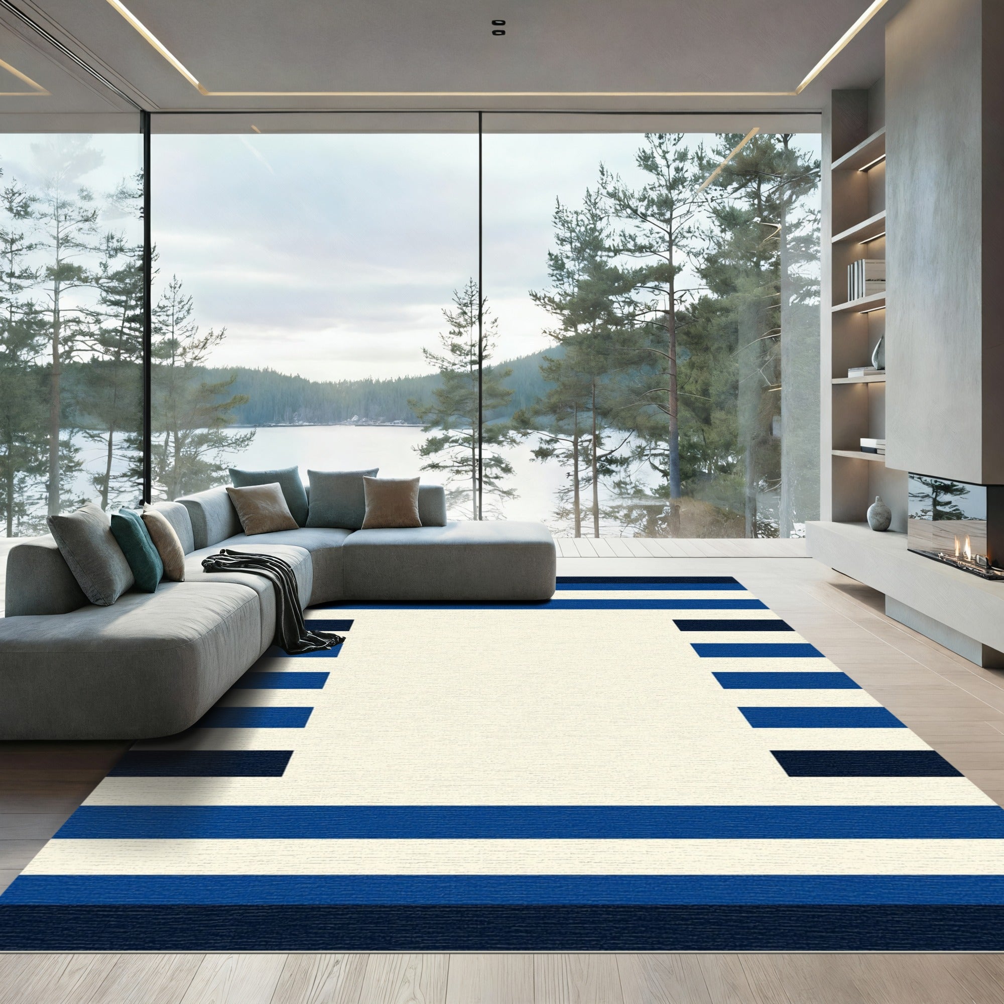 Modern Navy Cobalt Stripe Layout Rug