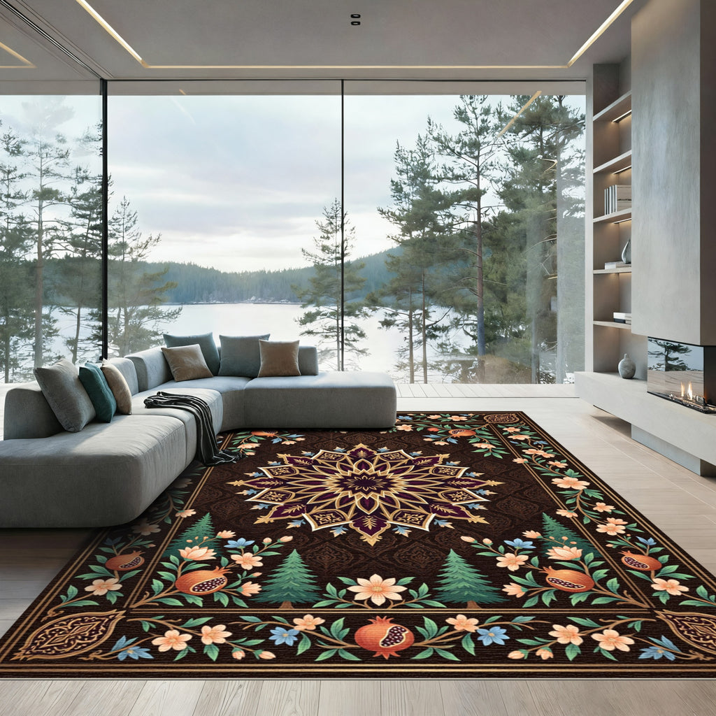 Dark Floral Pomegranate Medallion Accent Rug