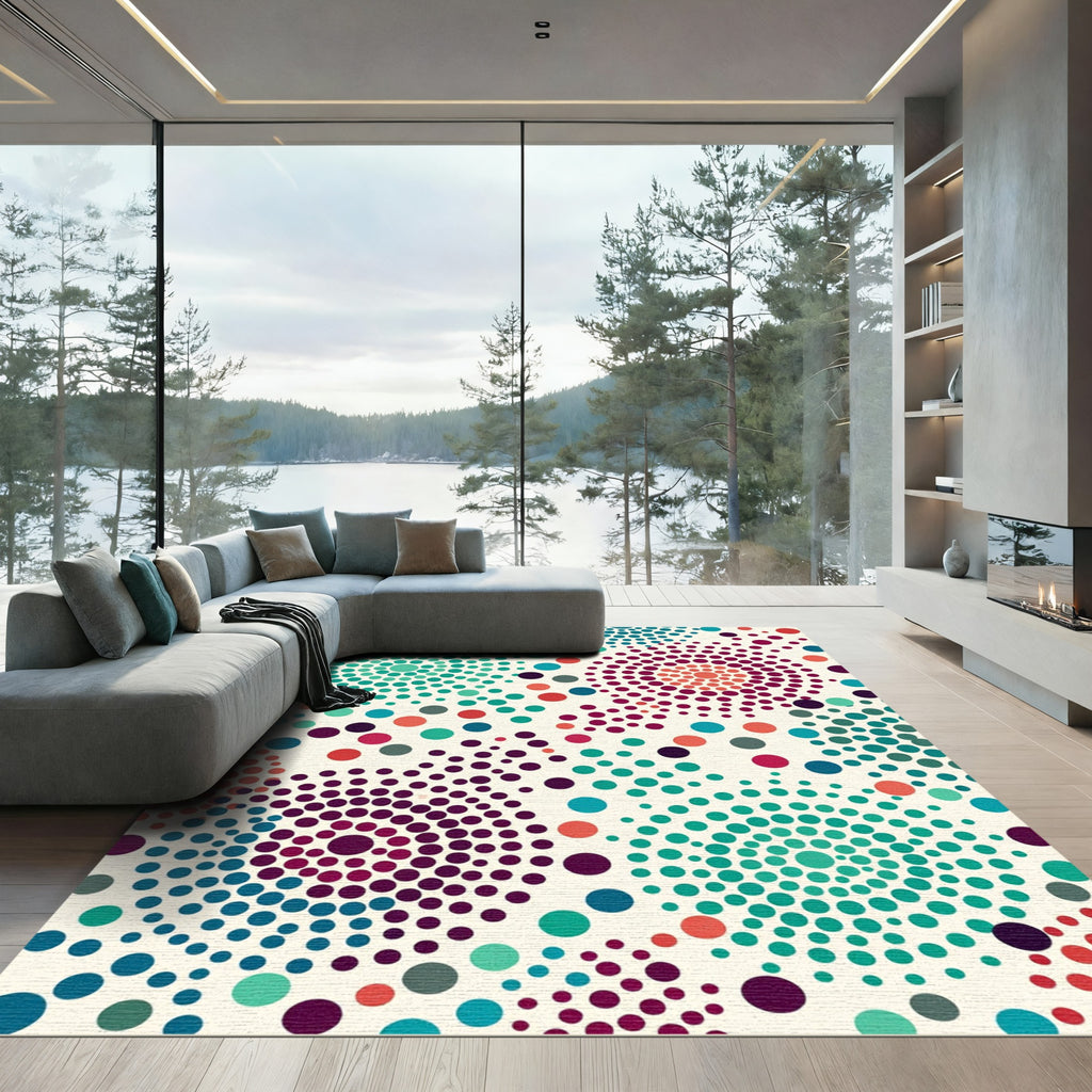 Vibrant Teal Red Purple Dot Swirls Rug