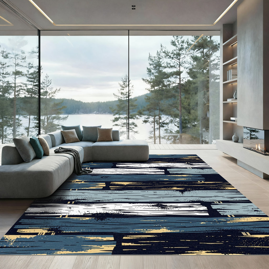 Textured Blue and Cream Slatted Planks Rug
