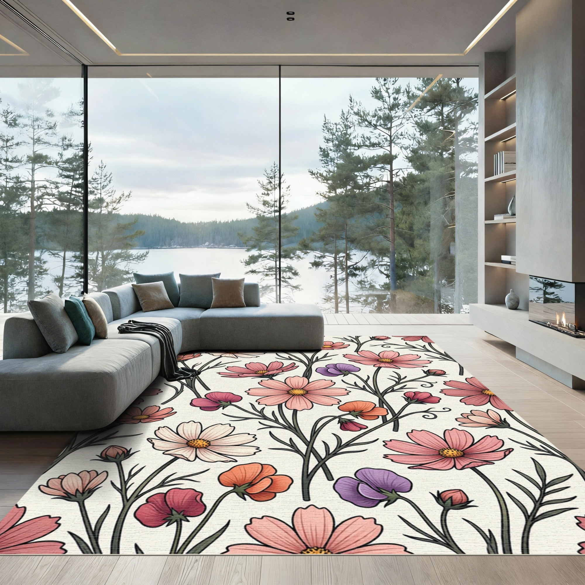Elegant Pastel Botanical Cosmos Meadow Rug