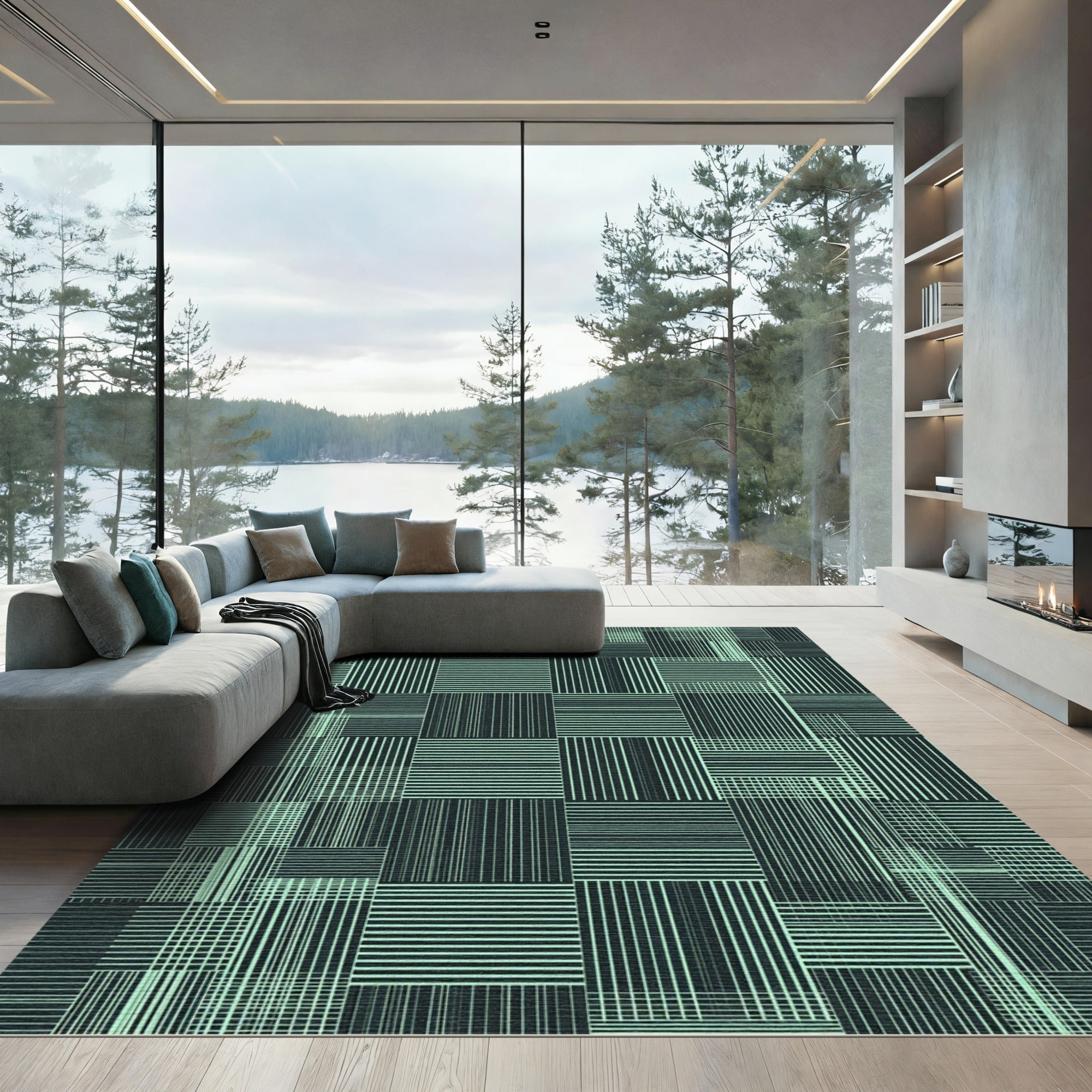 Teal Geometric Grid Blocks Rug