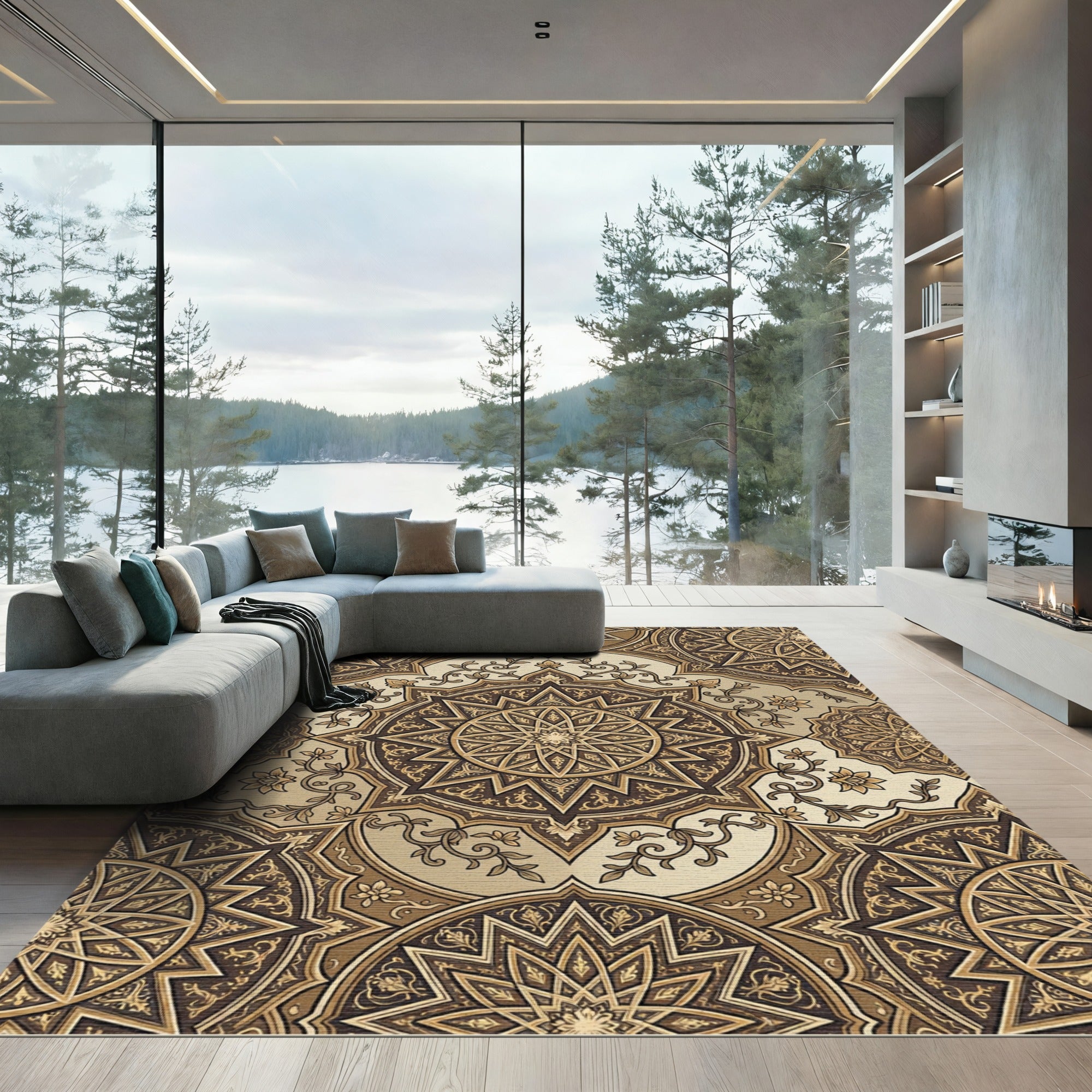 Ornate Brown Gold Medallion Foliage Rug