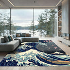 Indigo Wave and Cherry Blossom Art Rug