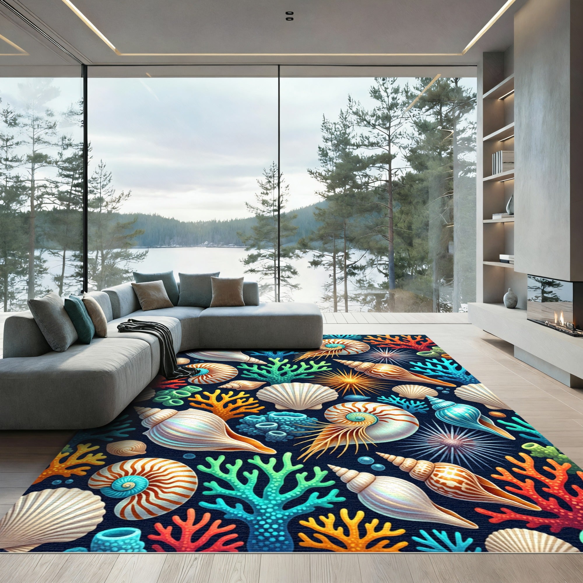 Vibrant Oceanic Coral Reef Nautical Seashell Rug