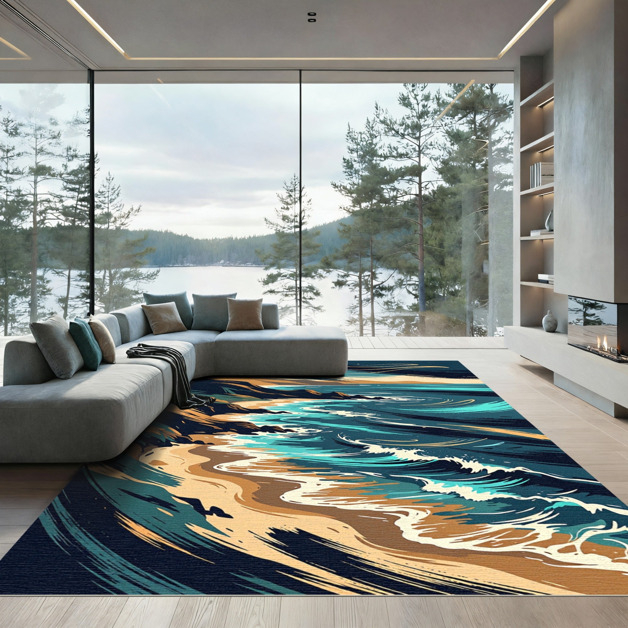 Abstract Coastal Cliff Ocean Wave Artwork Rug
