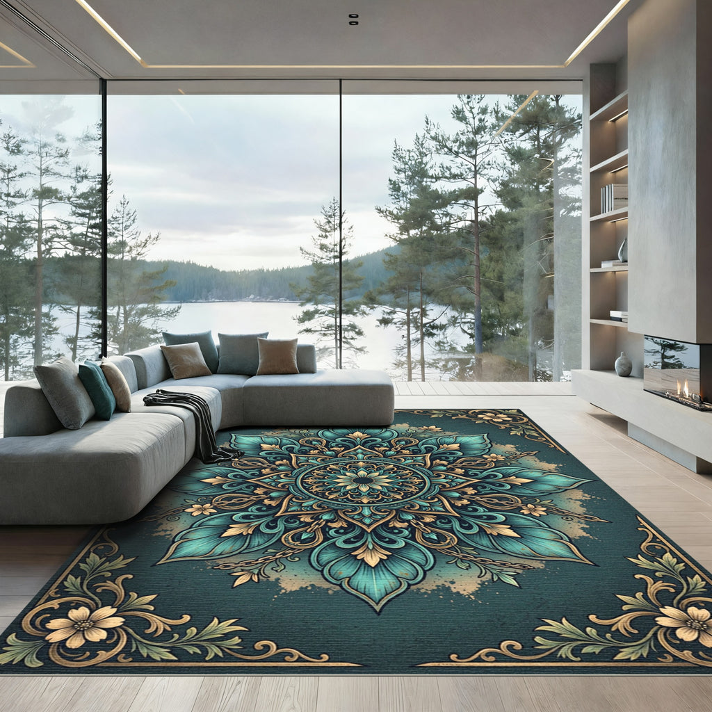 Teal Flourish Medallion with Golden Accents Rug