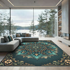 Teal Flourish Medallion with Golden Accents Rug