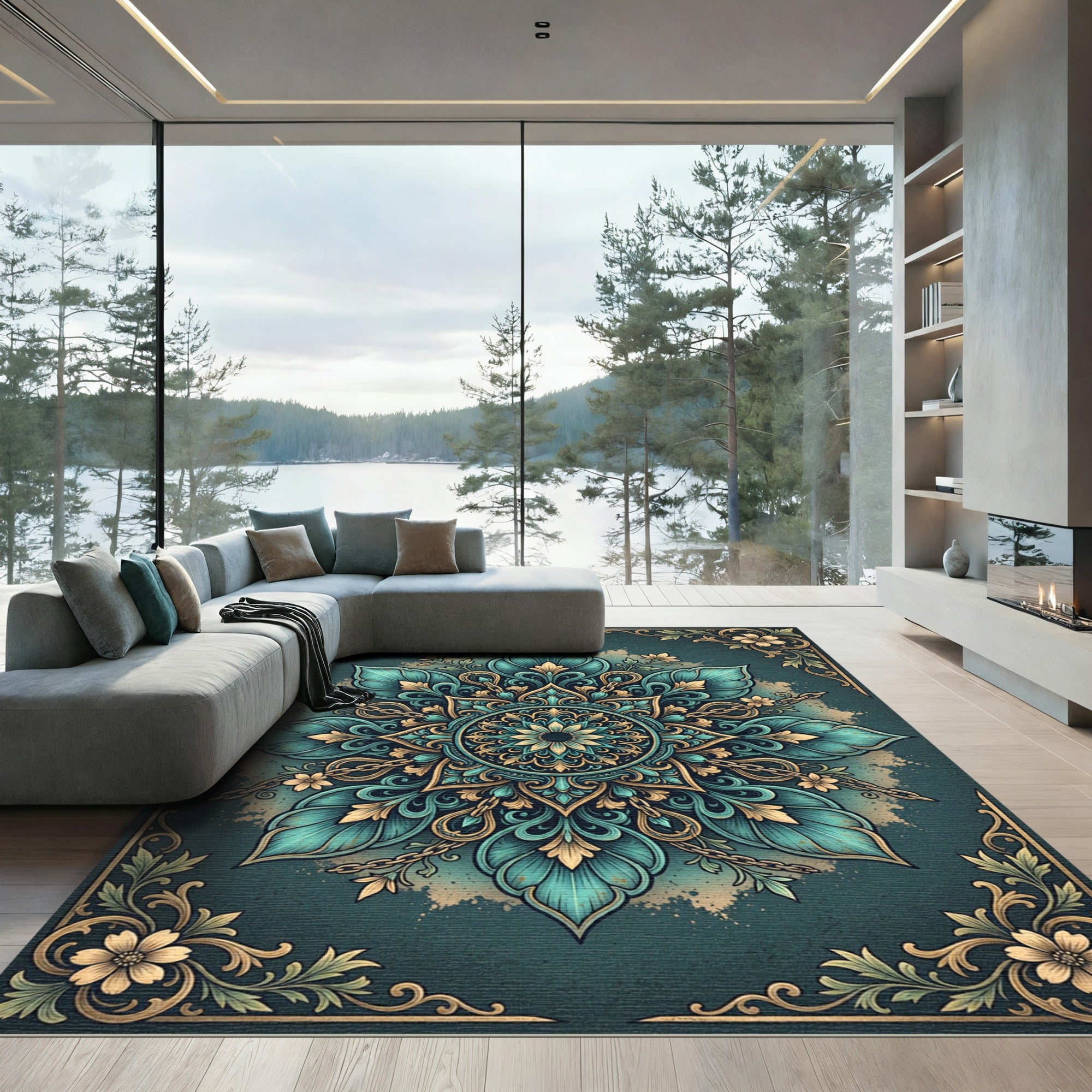 Teal Flourish Medallion with Golden Accents Rug