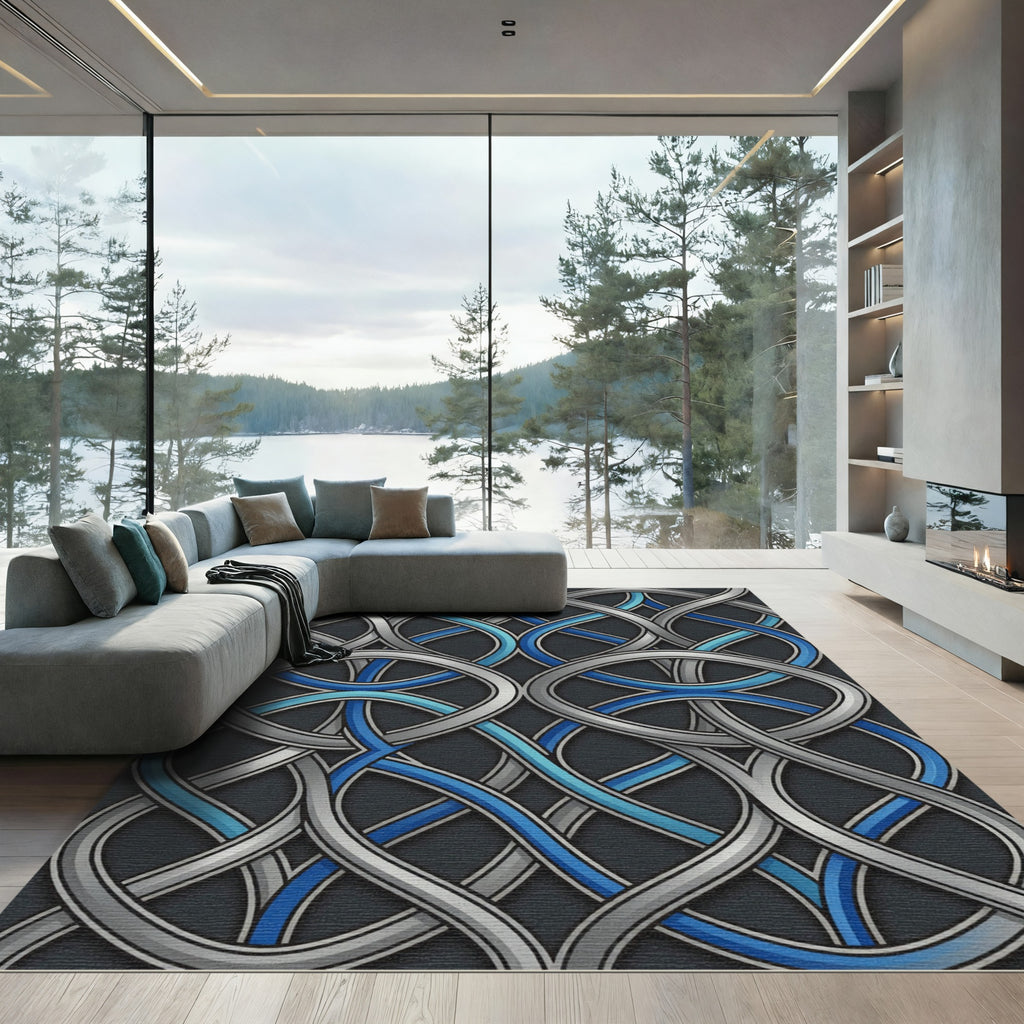 Interlocking Silver Azure Geometric Ribbon Rug