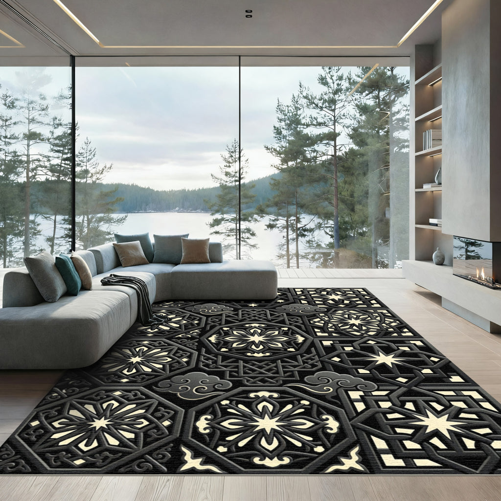 Dark Gray Geometric Starburst Mandala Rug
