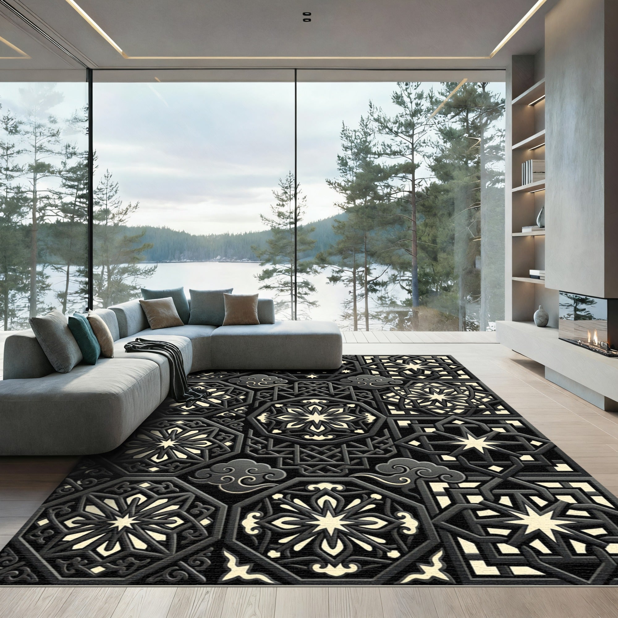 Dark Gray Geometric Starburst Mandala Rug