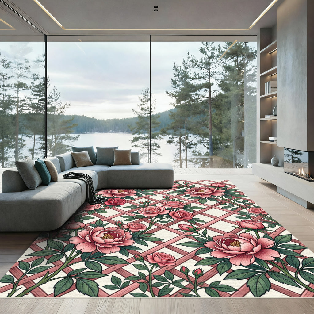 Pink Rose Lattice Garden Arrangement Rug