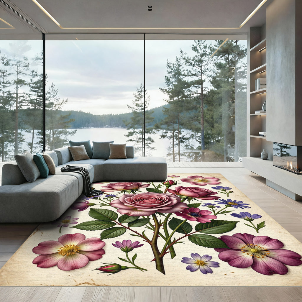 Vintage Blush Rose and Aster Bouquet Rug