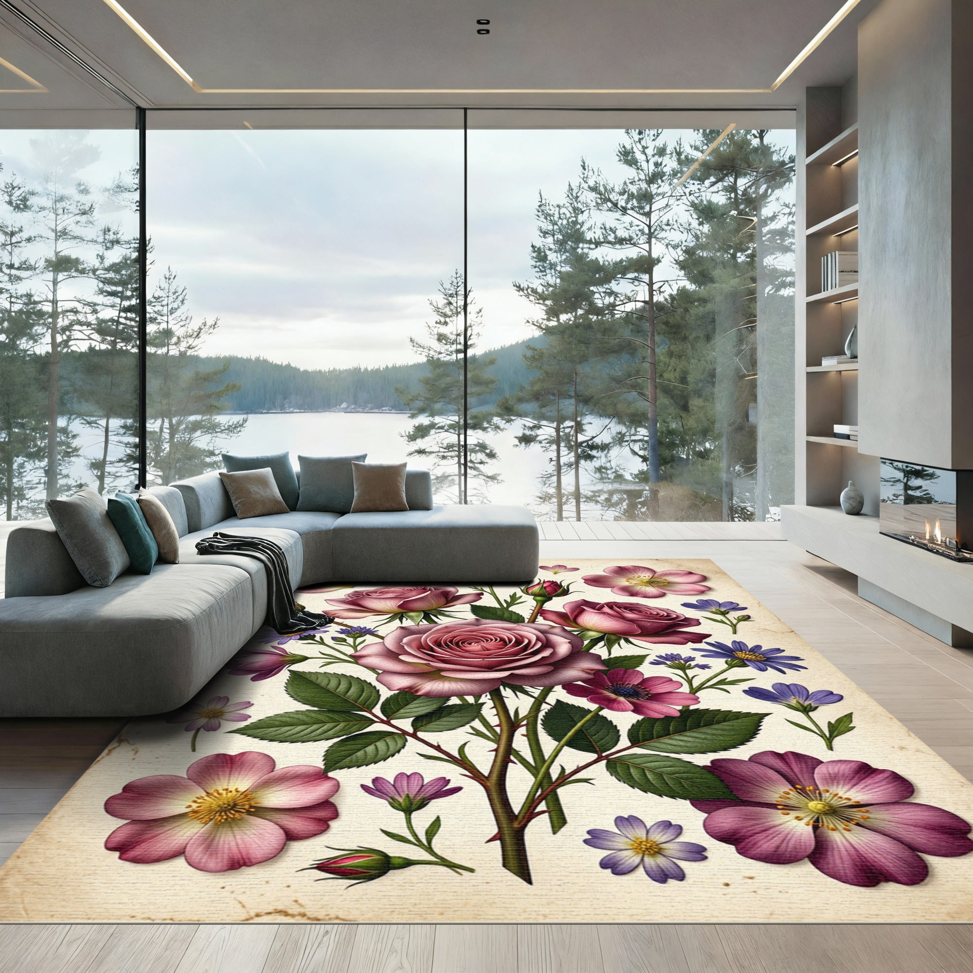 Vintage Blush Rose and Aster Bouquet Rug