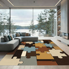 Brown Blue Cream Tan Puzzle Pieces Rug