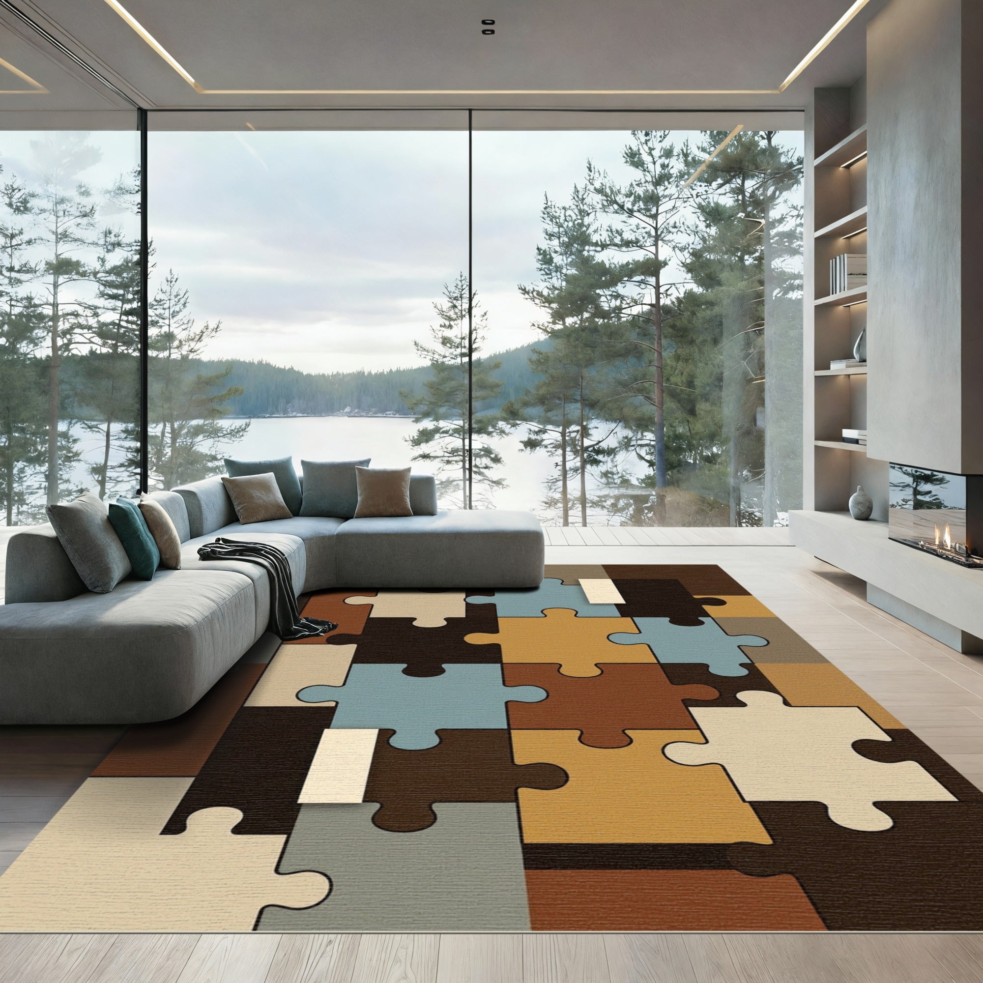 Brown Blue Cream Tan Puzzle Pieces Rug