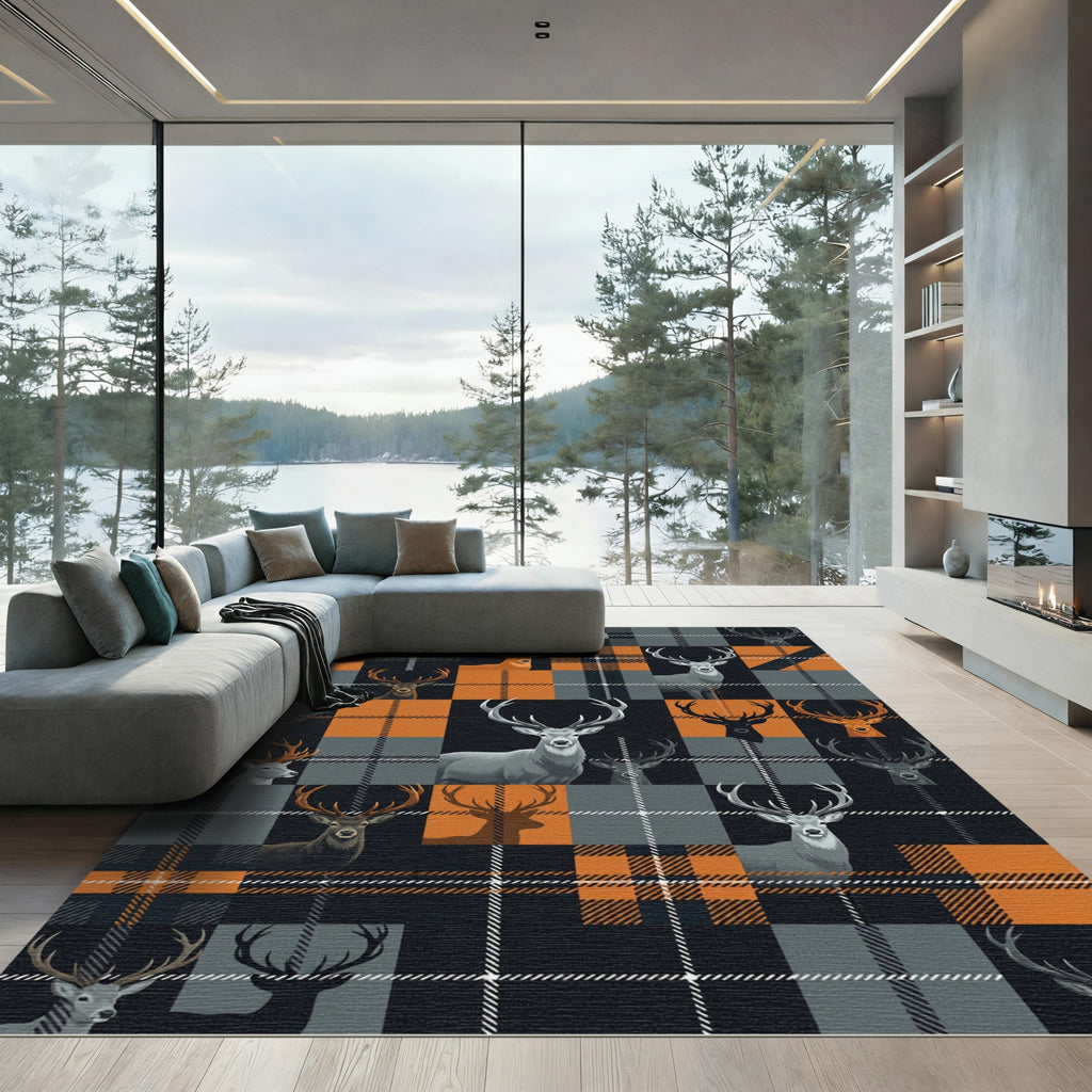 Rustic Orange and Charcoal Deer Plaid Rug
