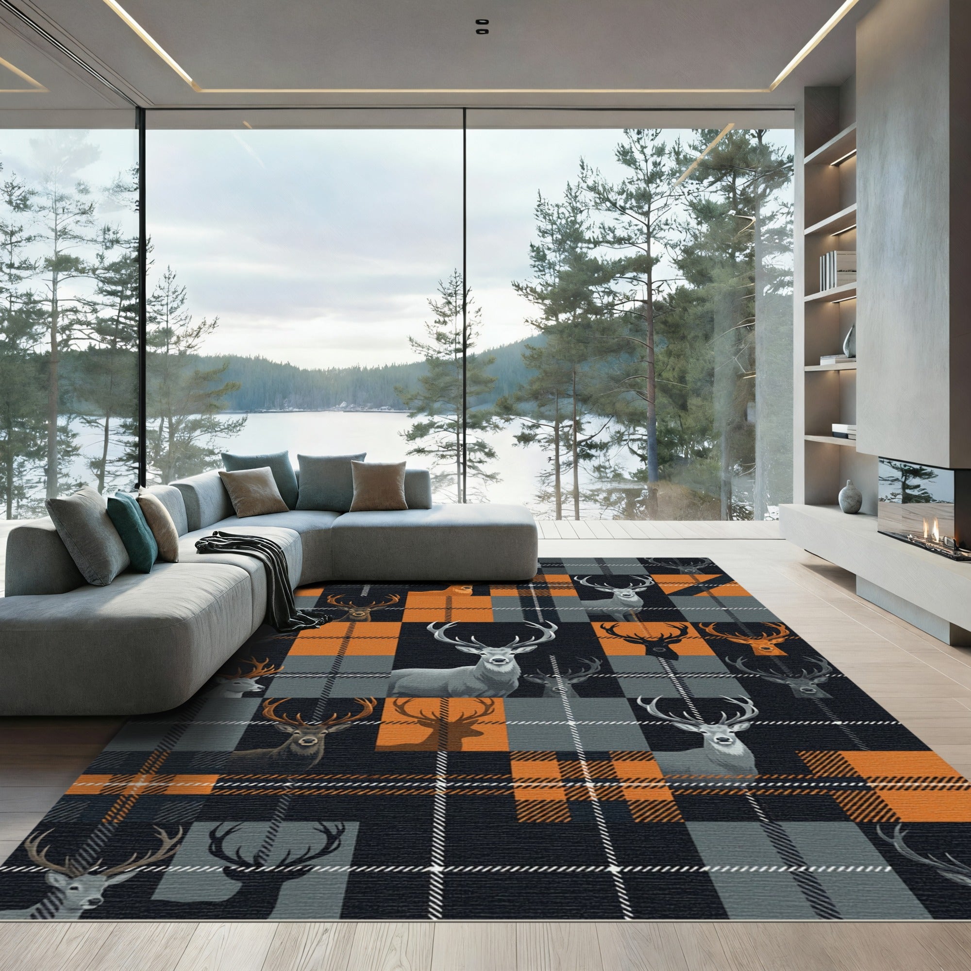 Rustic Orange and Charcoal Deer Plaid Rug