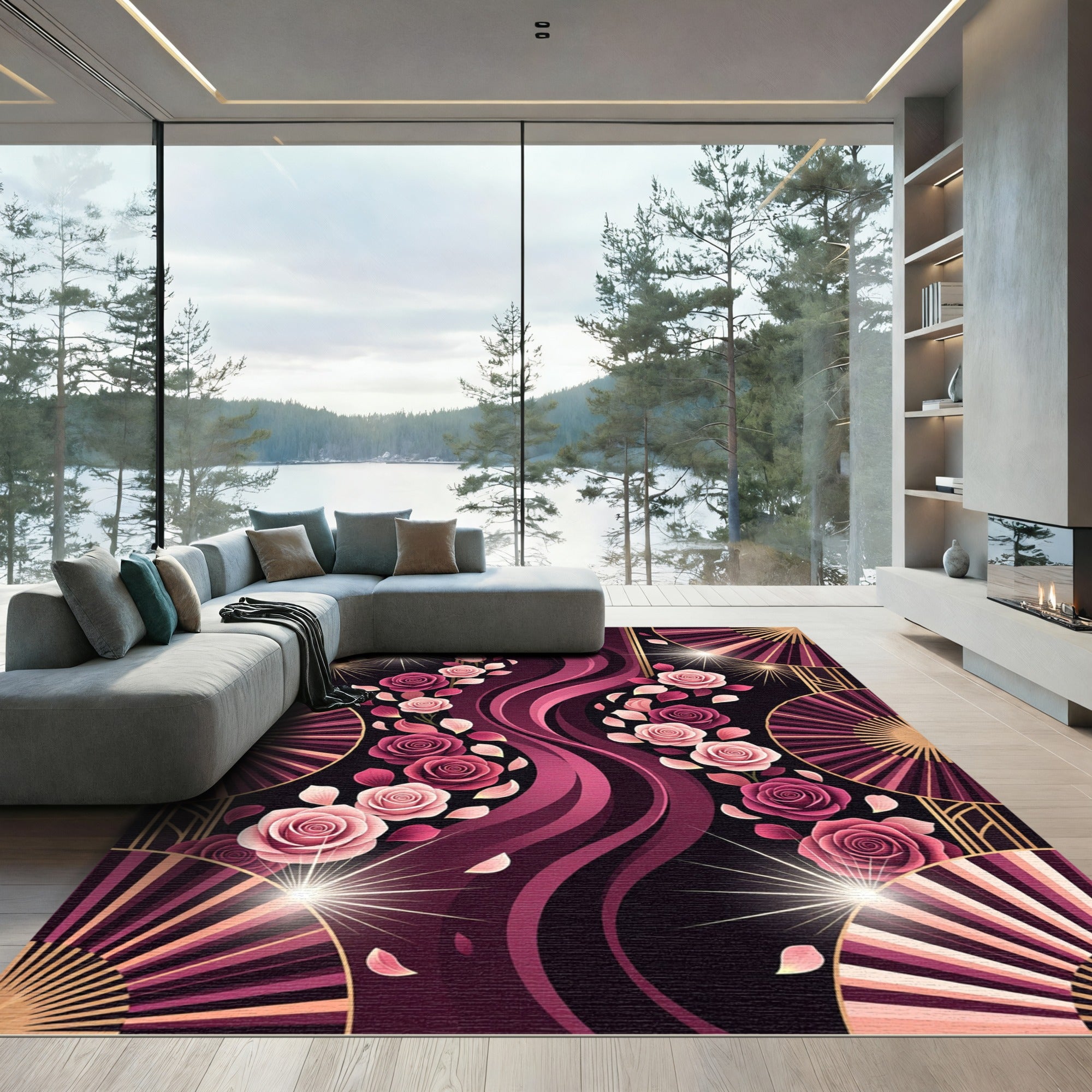 Art Deco Rose Floral Ribbon Wave Rug