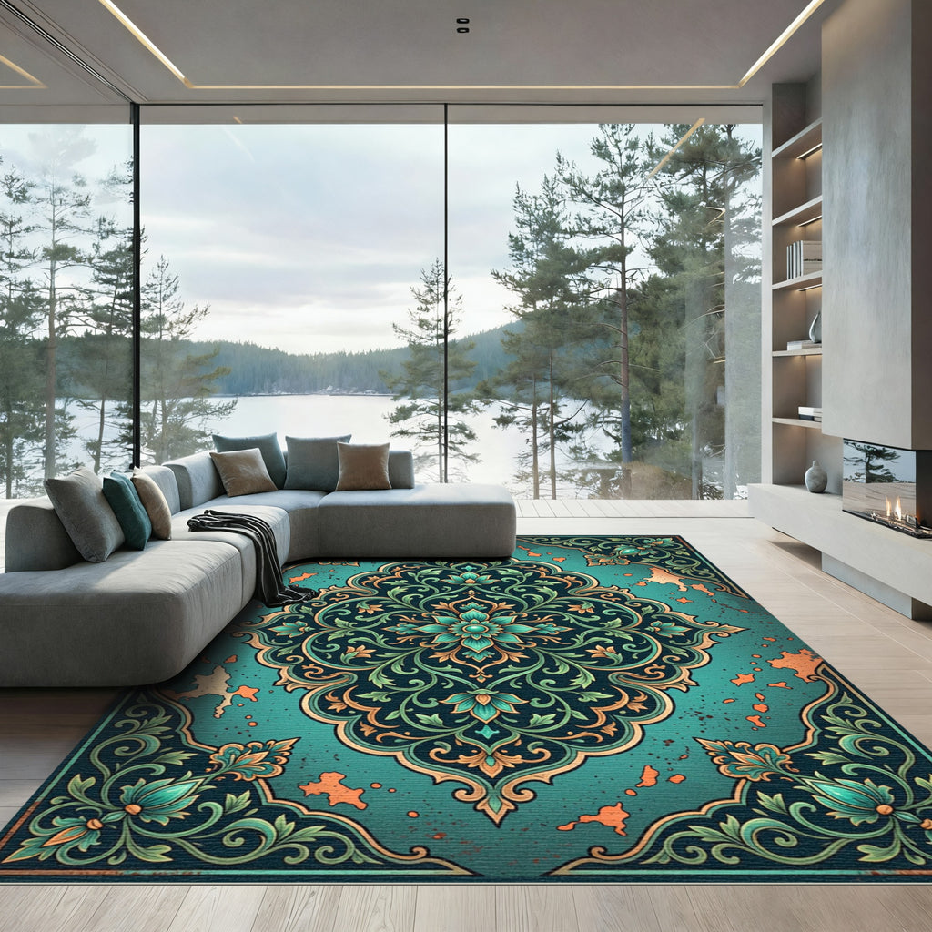 Teal Botanical Medallion with Copper Accents Rug