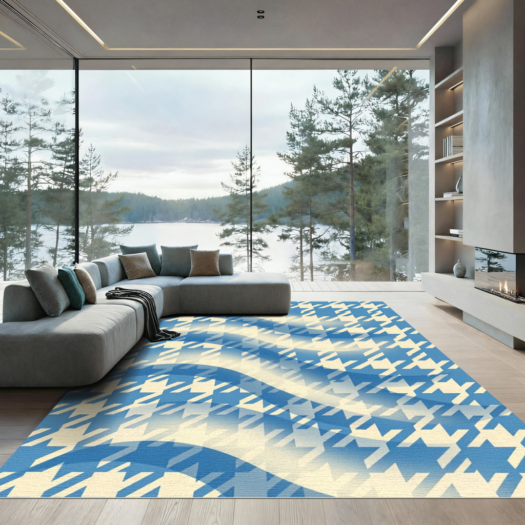 Blue Cream Houndstooth Wave Rug