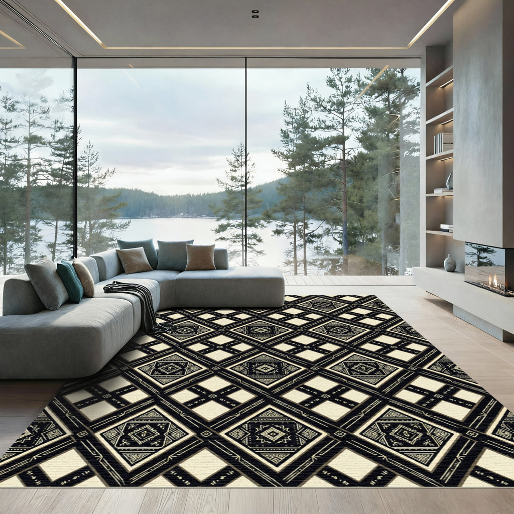 Black and Beige Geometric Diamond Tile Rug