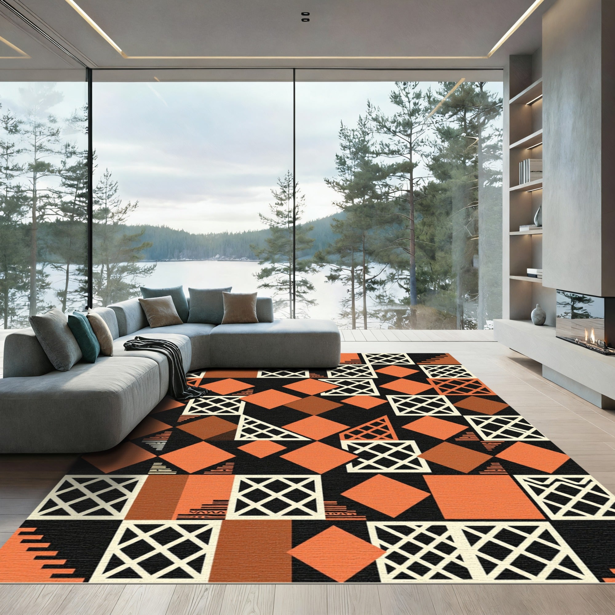 Geometric Terracotta And Onyx Grid Rug