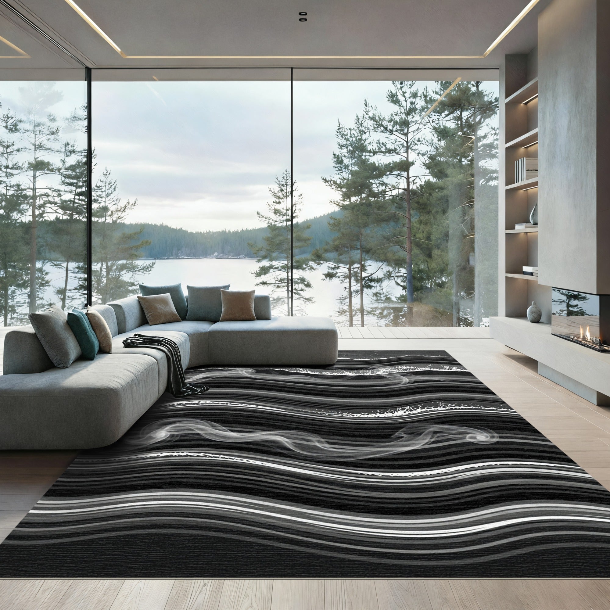 Monochrome Abstract Wavy Smoke Stream Rug