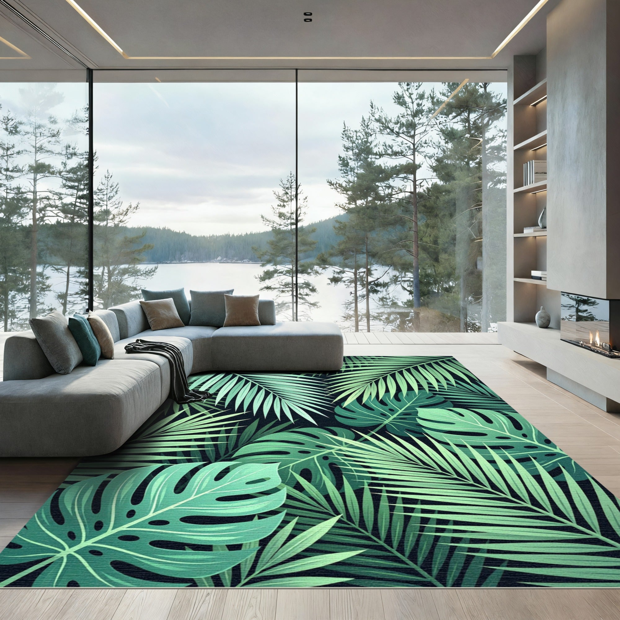 Lush Tropical Monstera Palm Leaf Rug