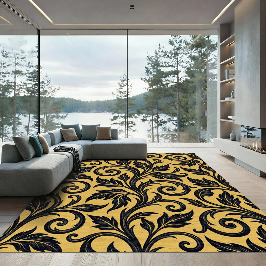 Dark Swirling Floral Vines Yellow Background Rug