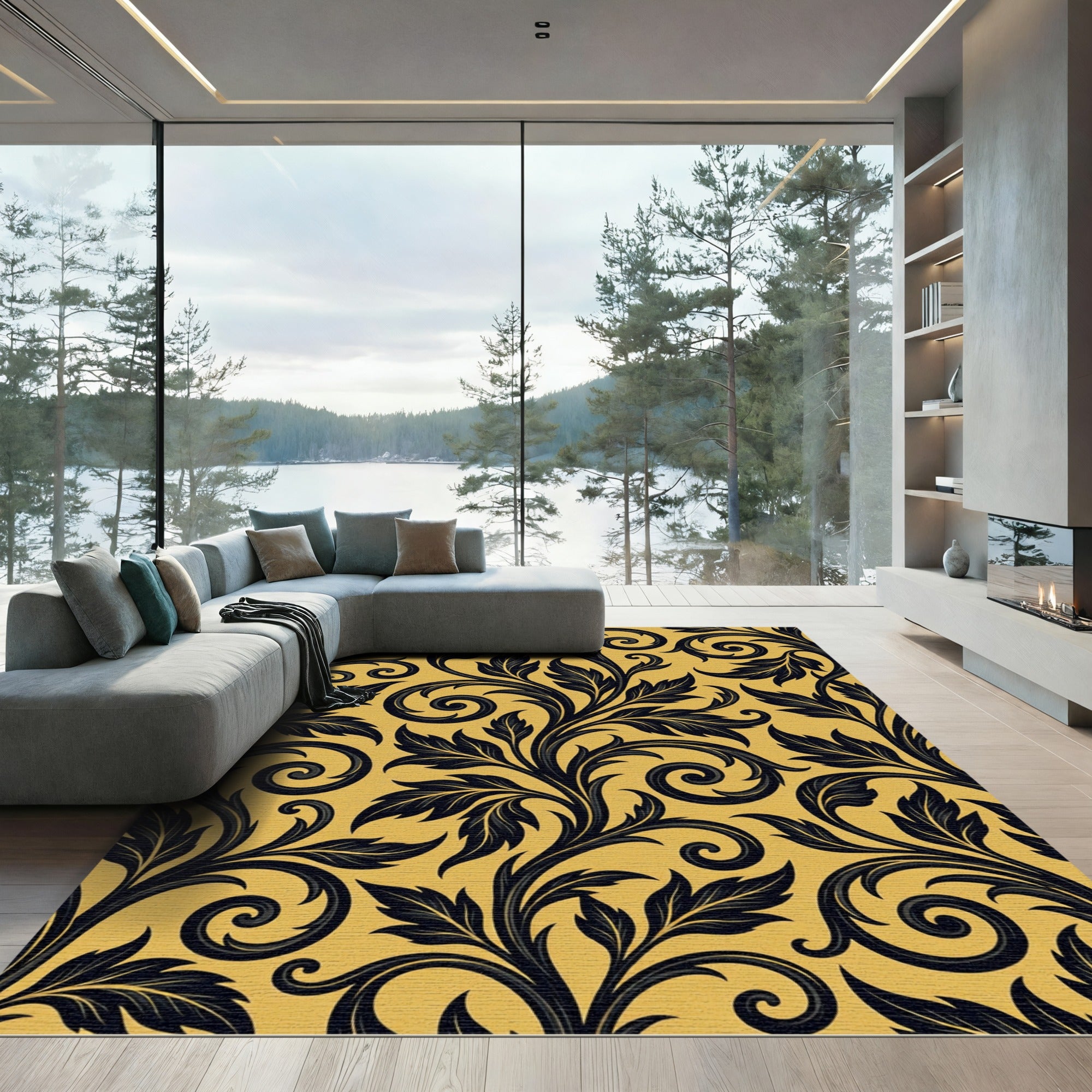 Dark Swirling Floral Vines Yellow Background Rug