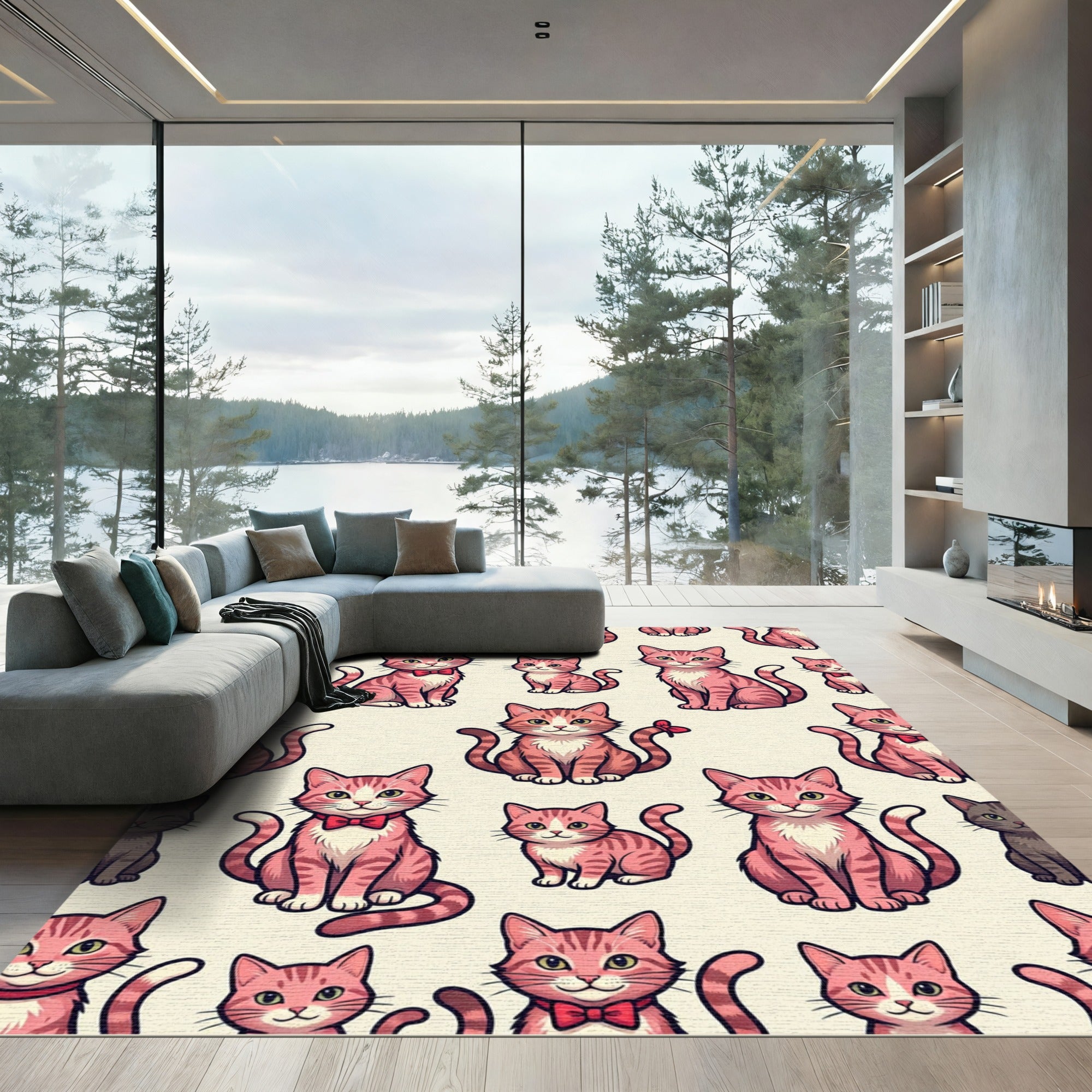 Cute Pink Tabby Cat Cartoon Repeat Rug