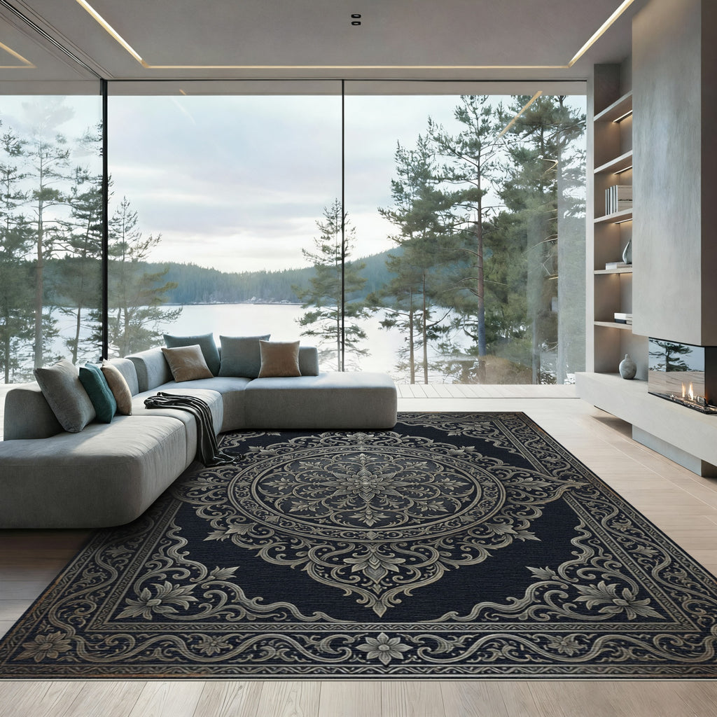 Ornate Charcoal Silver Filigree Medallion Rug
